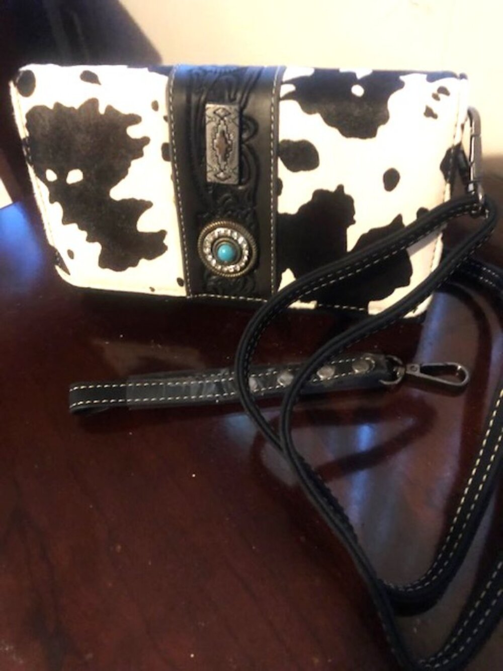 Cowhide Vintage Floral Tooled Leather Turquoise Concho Crossbody Wallet-Purse - Picture 1 of 5